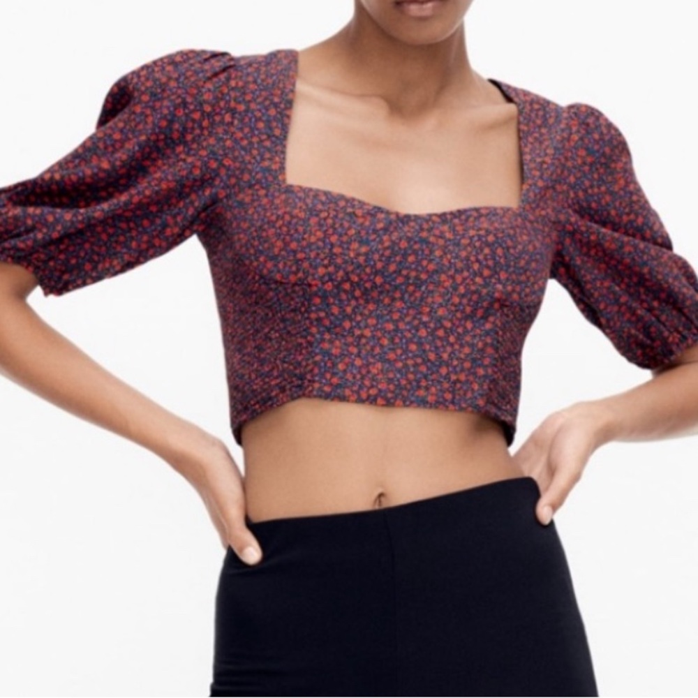 Zara Red and Blue Floral Puff Sleeve Blouse